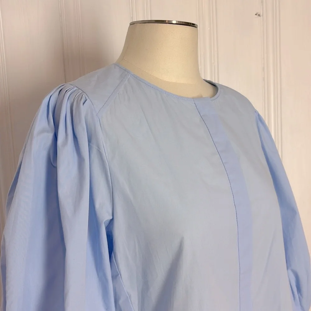 NWT ZARA Baby Blue Cotton Blouse with Dramatic Puff Sleeves - Picture 4 of 7